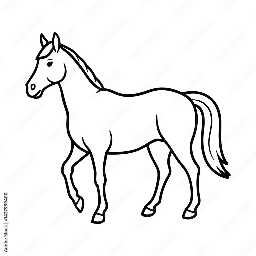 Elegant horse outline illustration in black and white for coloring books or graphic design projects Elegant horse outline illustration in black and white for coloring books or graphic design projects