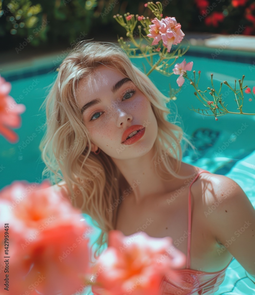 Beautiful Blonde Woman in a Pool for Summer Vacation Photo.Fictional Character Created By Generative AI