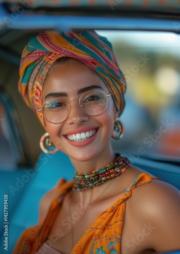 A Woman in a Headwrap and Glasses Smiling in a CarFictional Character Created By Generative AI