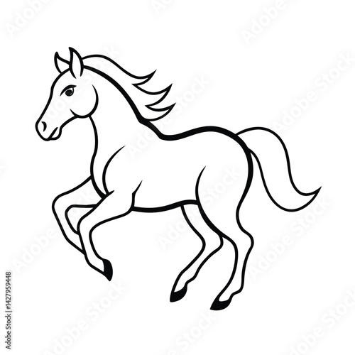 Black and white horse outline illustration of a galloping horse ideal for coloring books and educational resources
