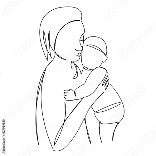 One continuous single drawing line art flat doodle mom, mother, baby, happy, motherhood, love. Isolated image hand draw contour on a white background
