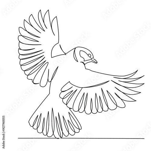 One continuous single drawing line art flat doodle bird, tit, wild, nature, wing, yellow, garden. Isolated image hand draw contour on a white background
