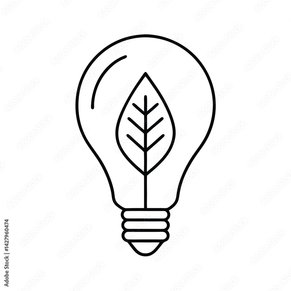 Minimalist line art of a light bulb with leaf inside representing green energy and sustainability Minimalist line art of a light bulb with leaf inside representing green energy and sustainability