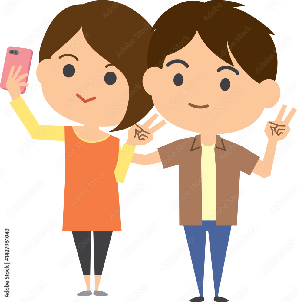 スマホで自撮りをしている若いカップルのイメージイラスト スマホで自撮りをしている若いカップルのイメージイラスト