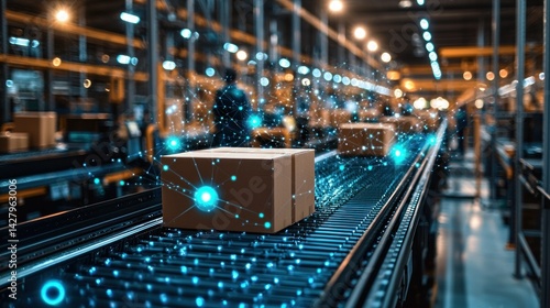 Automated warehouse conveyor belt with digital network overlay