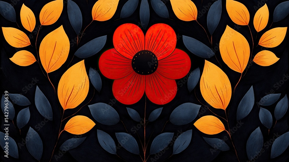 Fototapeta premium Red Flower with Yellow Leaves on Black Background: Simple Vector Art with Symmetrical Composition