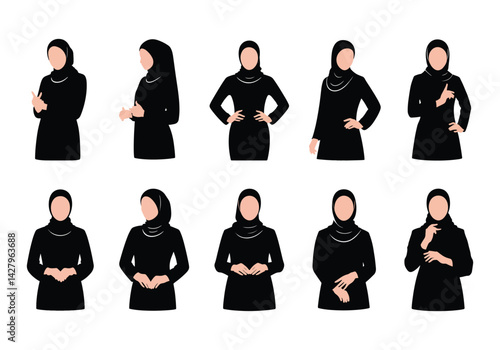 Silhouettes and colored illustrations of women in modest traditional outfits with hand gestures