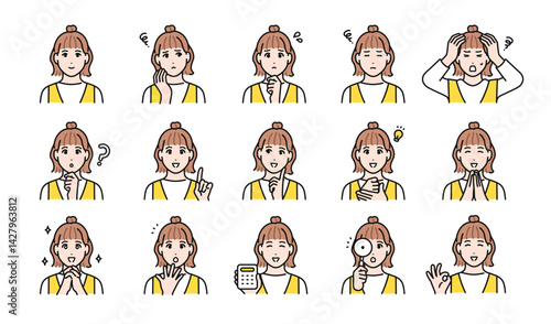 ジャンパースカートを着た若い女性の様々な表情バリエーションセット