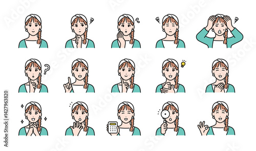 ターバンを巻いた若い女性の様々な表情バリエーションセット