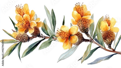 Fototapeta Naklejka Na Ścianę i Meble -  Watercolor illustration of Australian banksia flowers on a white background. 