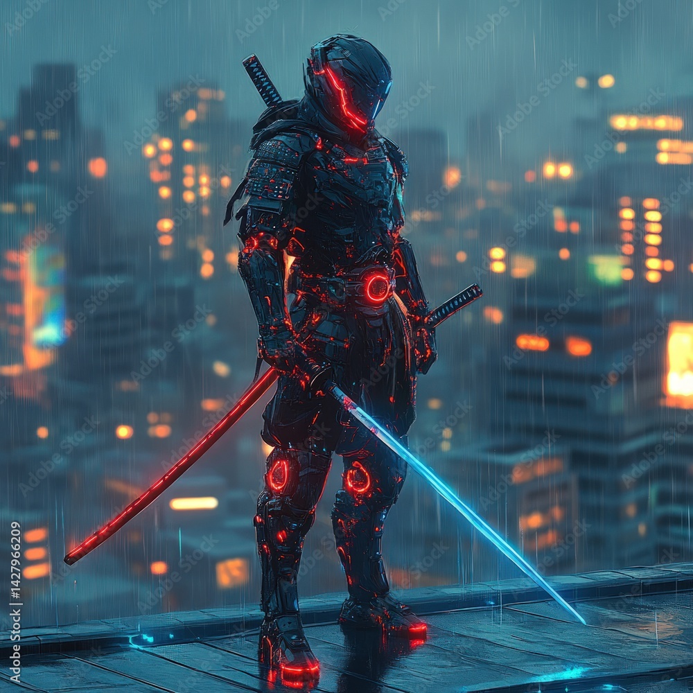 Futuristic ninja in city rain Futuristic ninja in city rain