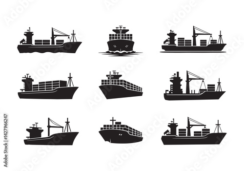 Silhouettes of cargo and freight ships in side and angled views, shipping vector icon set