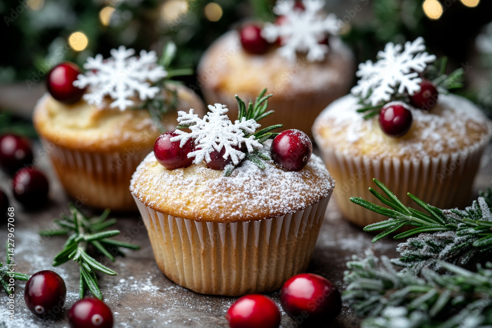 Festive muffins with New Year's decoration: snowflakes from powdered sugar, cranberries and sprigs of rosemary on a background of garlands Festive muffins with New Year's decoration: snowflakes from powdered sugar, cranberries and sprigs of rosemary on a background of garlands