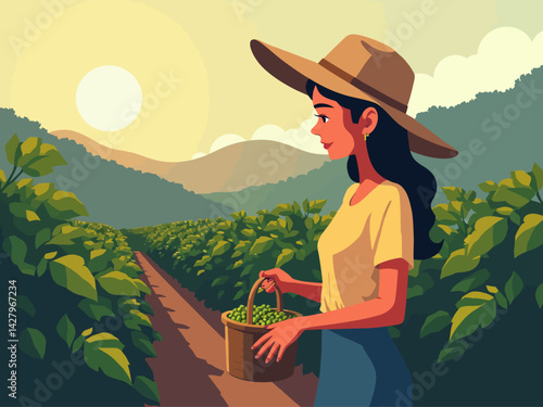 coffee plantation illustration, a female worker working