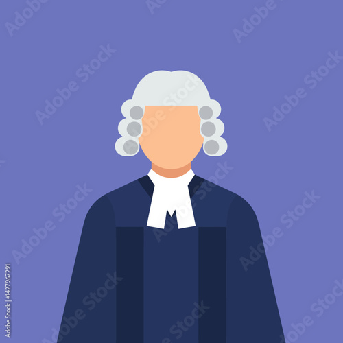 Flat Illustration Vector Person Wearing Judicial Robe and Wig Against Plain Background