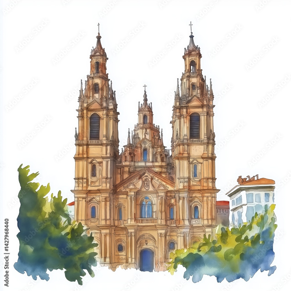 Obraz premium Cathedral of Santiago de Compostela. Cathedral of Santiago de Compostela hand drawn watercolor illustration