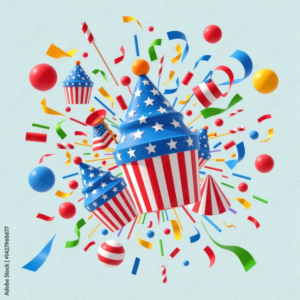 Obraz premium Festive Fourth of July Celebration 3D Render of Patriotic Cupcakes Confetti and Streamers