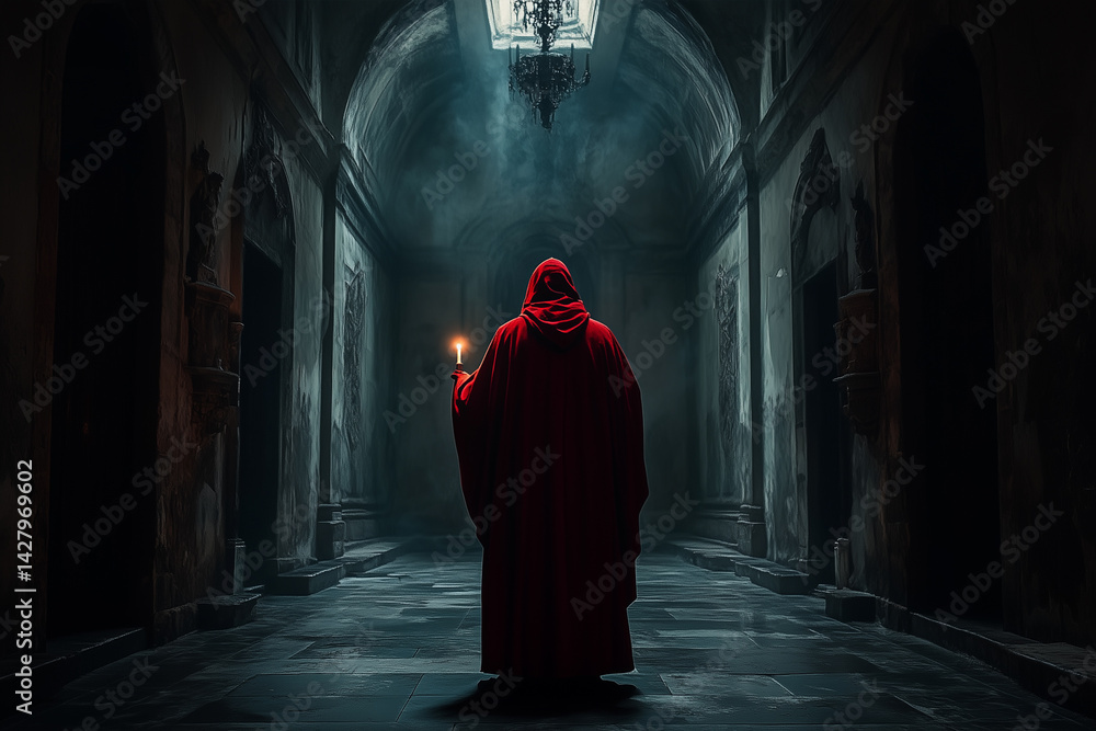 of a cardinal holding a lit candle in a dark hall, just a silhouette, dressed in red robes, an atmosphere of importance, mystery and spiritual significance of a cardinal holding a lit candle in a dark hall, just a silhouette, dressed in red robes, an atmosphere of importance, mystery and spiritual significance