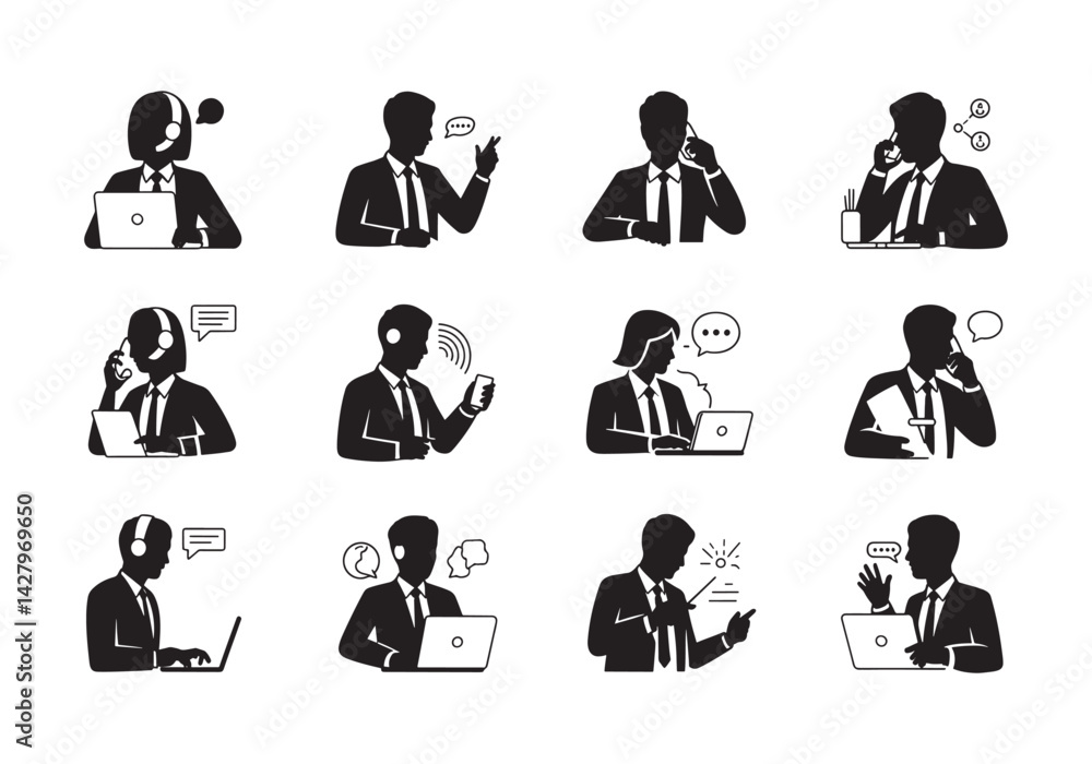 Business professionals using laptops and phones in communication scenarios, silhouette icons Business professionals using laptops and phones in communication scenarios, silhouette icons