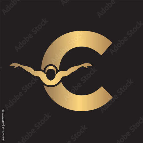 Swimming Logo combine with letter C vector template