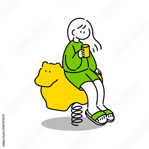 公園でお酒を飲みながら黄昏れる女の子のイラスト