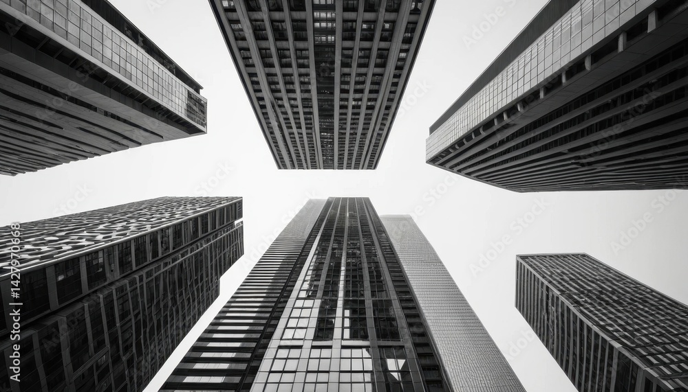 Fototapeta premium Chicago and New York City showcase their urban architecture with tall glass skyscrapers reflecting the blue sky in their downtown business districts