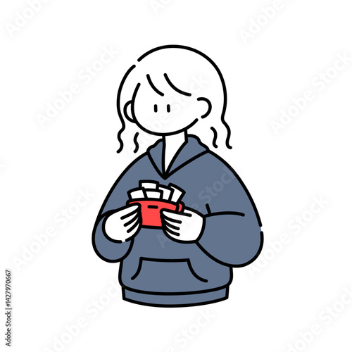 レシートを溜めすぎて財布が閉まらなくなった女の子のイラスト