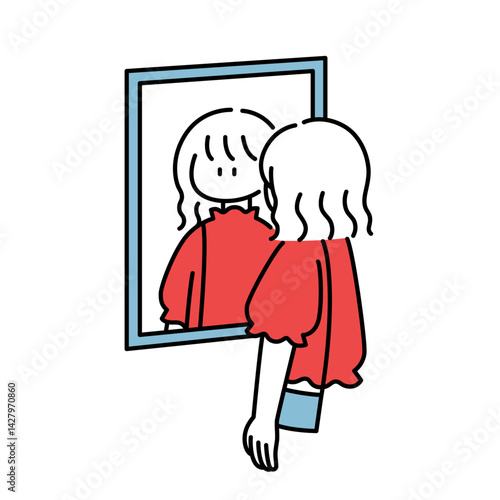 家では良く見えたのに外で見るとなんだかダサく感じてしまう女の子のイラスト