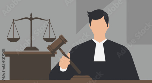 Flat Illustration Vector Judge Holding Gavel in Courtroom Scene Depiction