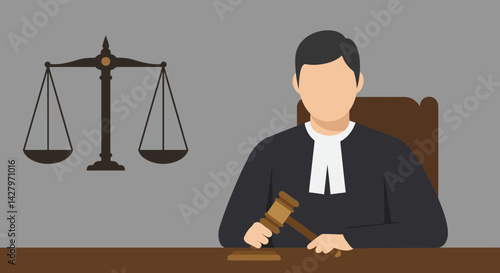 Flat Illustration Vector Judge Holding Gavel Sitting at Desk With Scale of Justice Icon