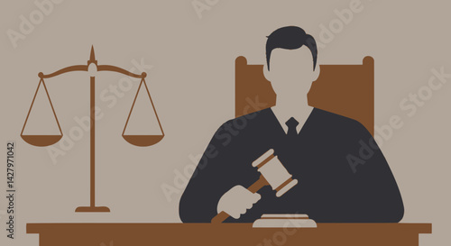 Flat Illustration Vector Judge Holding Gavel with Scales of Justice Illustration