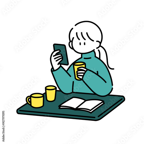 机の上にコップを溜めがちな女の子のイラスト