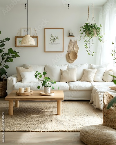 Modern Scandinavian home interior design characterized by an elegant living room featuring a comfortable sofa  mid century furniture  cozy carpet  wooden floor  white walls  and home plants.