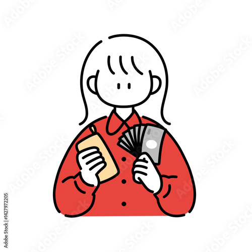 お金をおろしたら全部千円札で出てきた女の子のイラスト