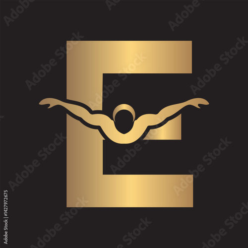 Swimming Logo combine with letter E vector template