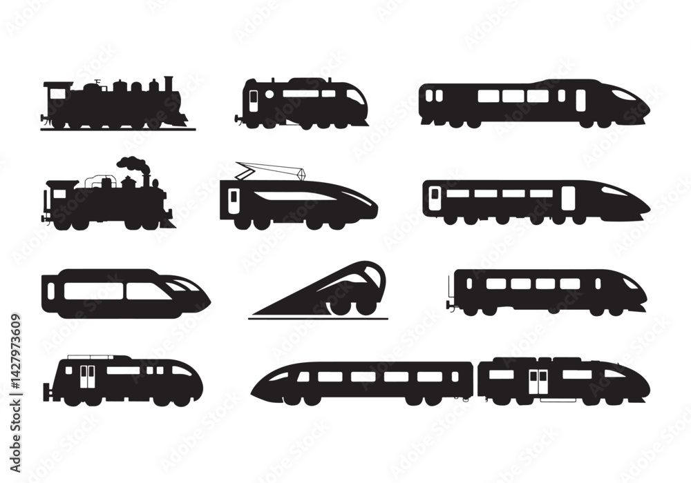 Black vector silhouettes of trains, locomotives, and modern rail transit in various side views Black vector silhouettes of trains, locomotives, and modern rail transit in various side views