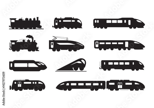 Black vector silhouettes of trains, locomotives, and modern rail transit in various side views