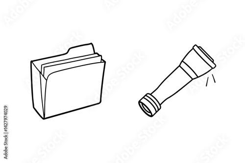 Office File Folder With Documents And Flashlight Outline Black And White