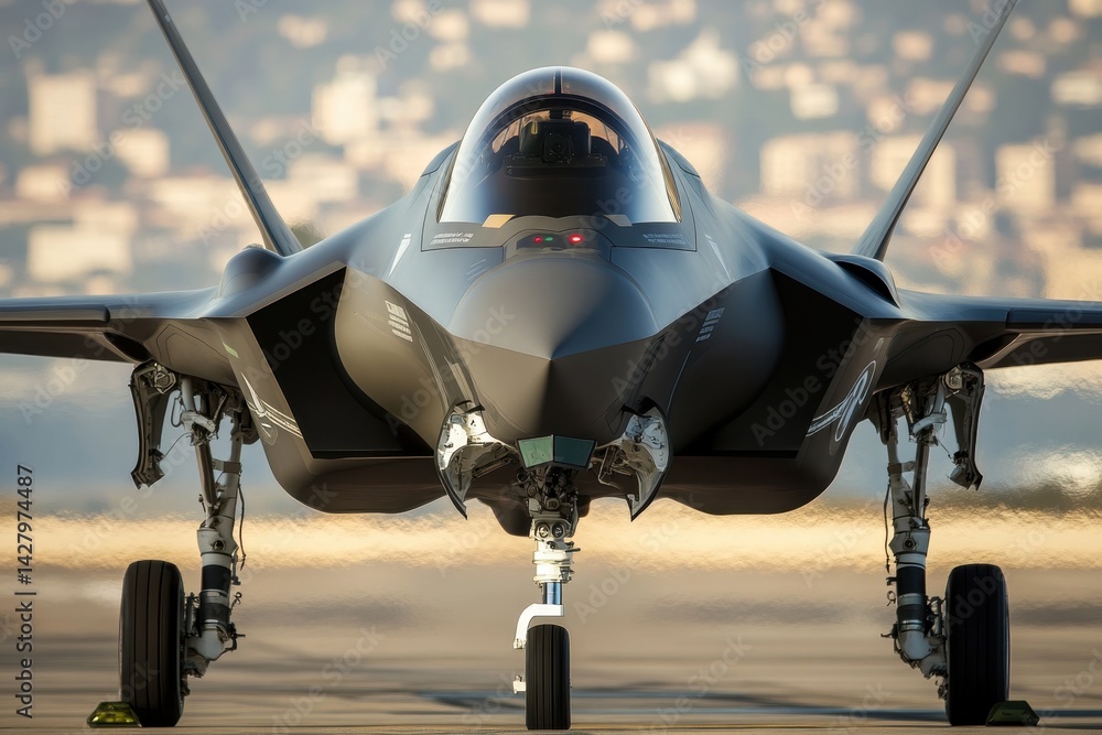 Fototapeta premium Modern fighter jet poised for takeoff at an airport in a clear sky during golden hour