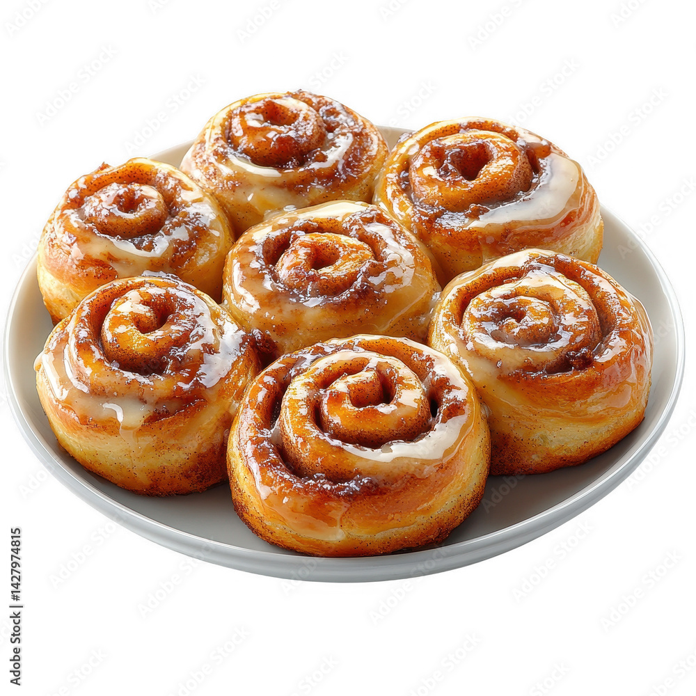 Delicious cinnamon rolls with glaze on plate for breakfast or dessert treat on transparent background Delicious cinnamon rolls with glaze on plate for breakfast or dessert treat on transparent background