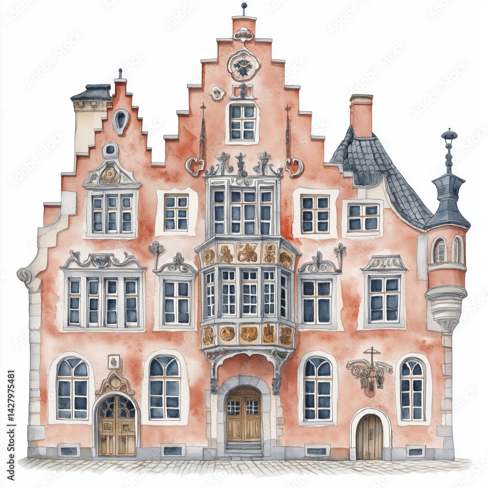 Fototapeta premium House of the Blackheads. House of the Blackheads hand drawn watercolor illustration