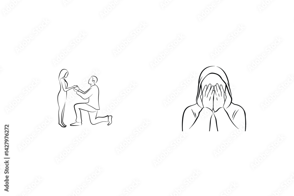 Fototapeta premium Marriage Proposal And Emotional Response Line Art Illustration Set Isolated On White