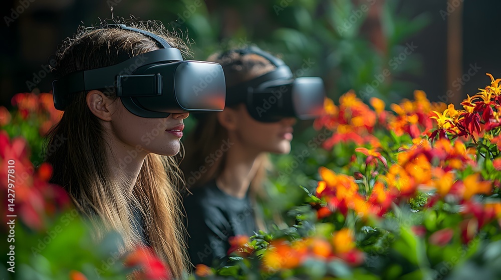 Fototapeta premium Immersive Reality Exploration: Two Individuals Experiencing Virtual Worlds Amidst Lush Botanical Scenery