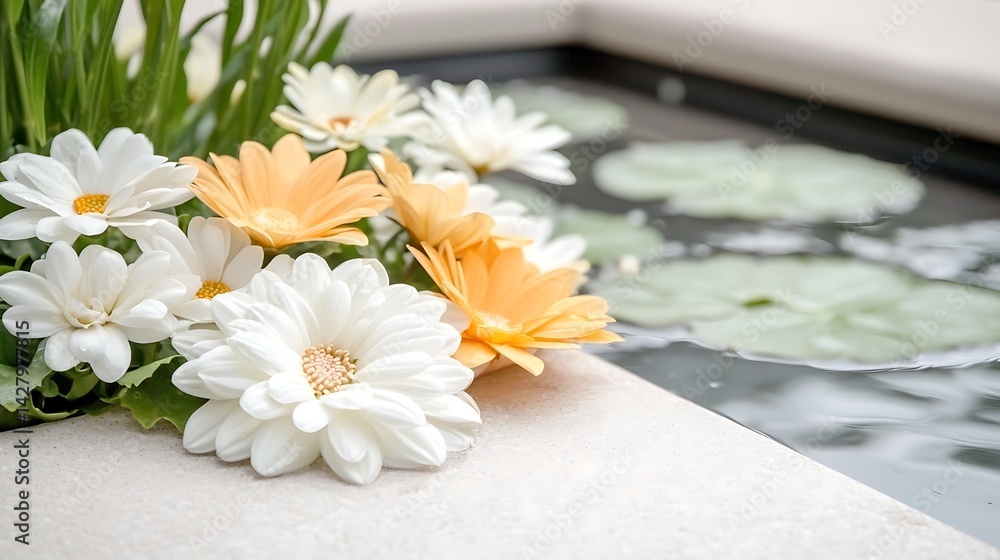 Obraz premium Floral arrangement near water serenity in nature photography tranquil atmosphere close-up view beauty of life