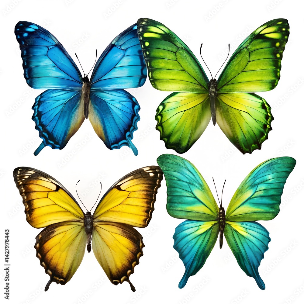 set of beautiful blue green, yellow butterfly's isolated on white background set of beautiful blue green, yellow butterfly's isolated on white background
