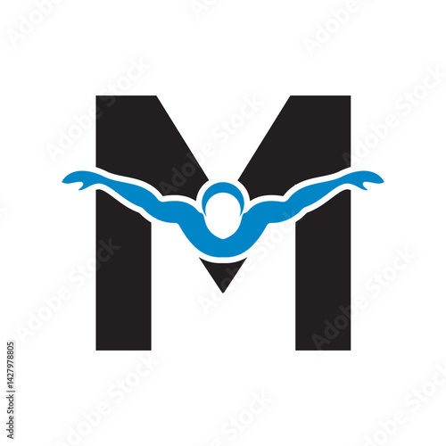 Swimming Logo combine with letter M vector template