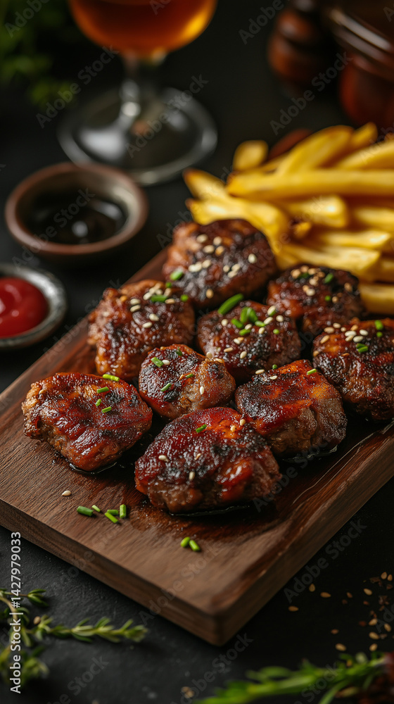 Grilled Meatballs with Fries Garnished with Chives, Served with Dipping Sauces, and a Glass of Beer on a Dark Background Grilled Meatballs with Fries Garnished with Chives, Served with Dipping Sauces, and a Glass of Beer on a Dark Background