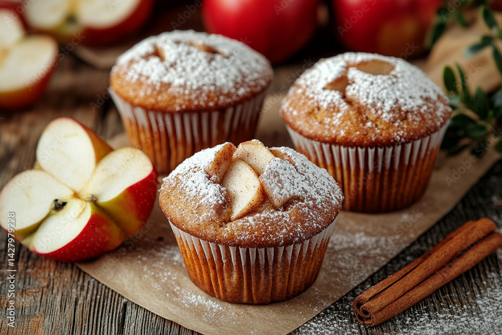 Spicy muffins with cinnamon and apples, generously sprinkled with powdered sugar, on a cozy vintage wooden background Spicy muffins with cinnamon and apples, generously sprinkled with powdered sugar, on a cozy vintage wooden background