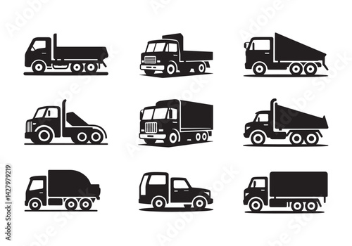 Silhouettes of trucks and lorries for transport and construction, black vehicle icon set
