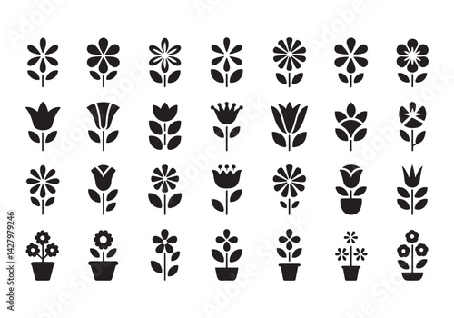 Vector icons of decorative flowers in various styles and arrangements, blooming and potted silhouettes